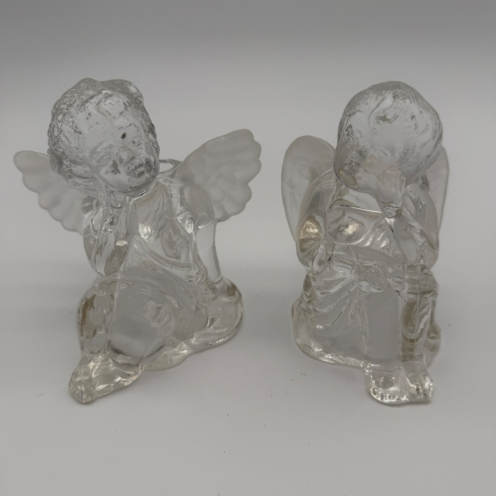Vintage Glass Angel Cherub Candle‎ Holders Votive Figurine Pair Christmas Decor